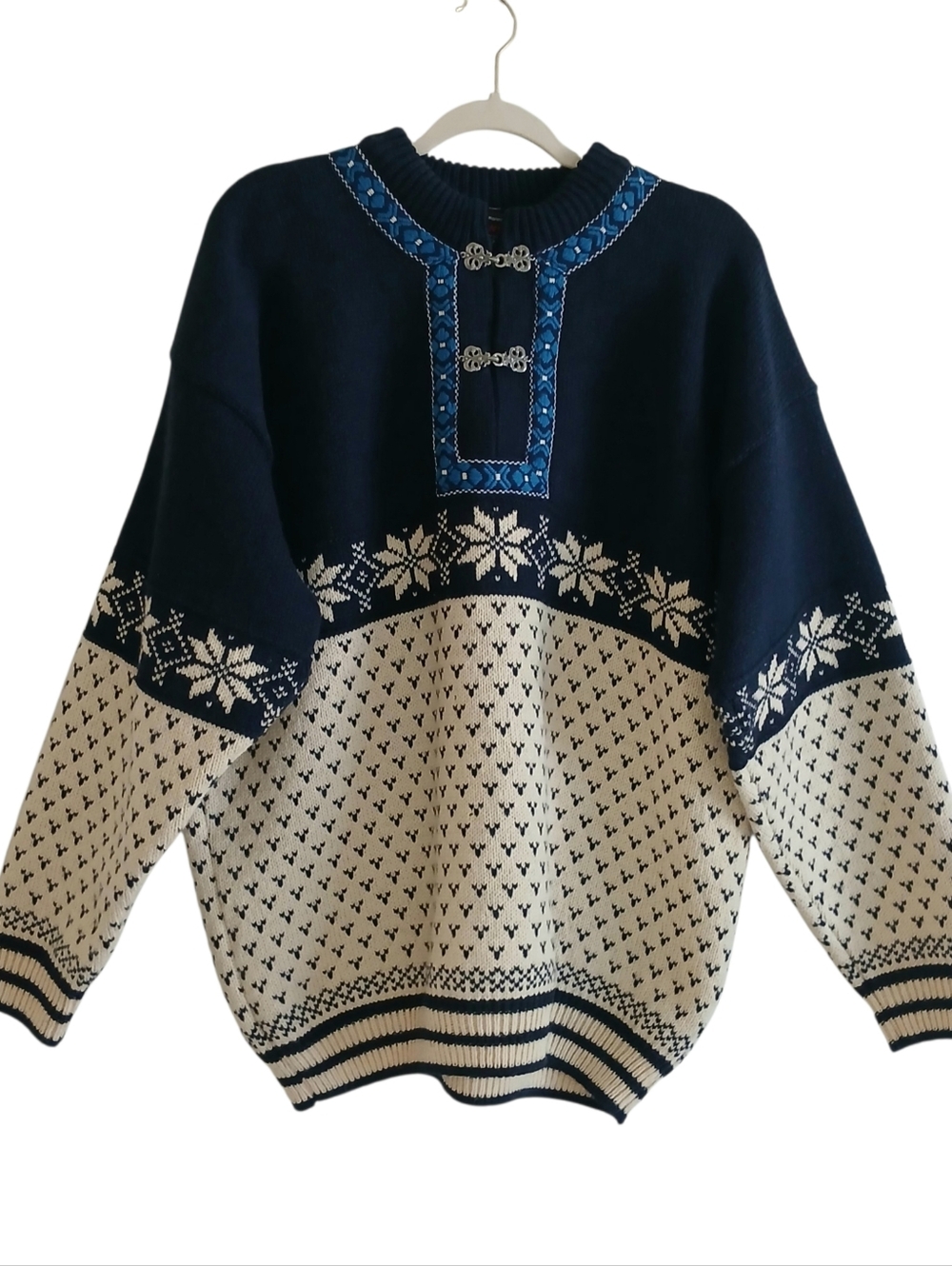 NORWOOL Norwegian 100% Wool Sweater Unisex XL Birds Eye Metal Clasps Embroidered